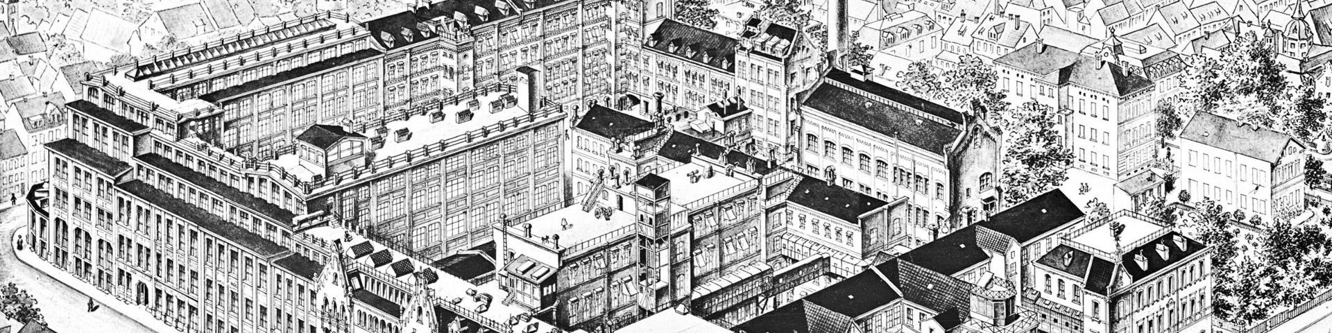 Historical black-and-white illustration of the original ZEISS factory complex, showcasing detailed architectural structures and surrounding cityscape.