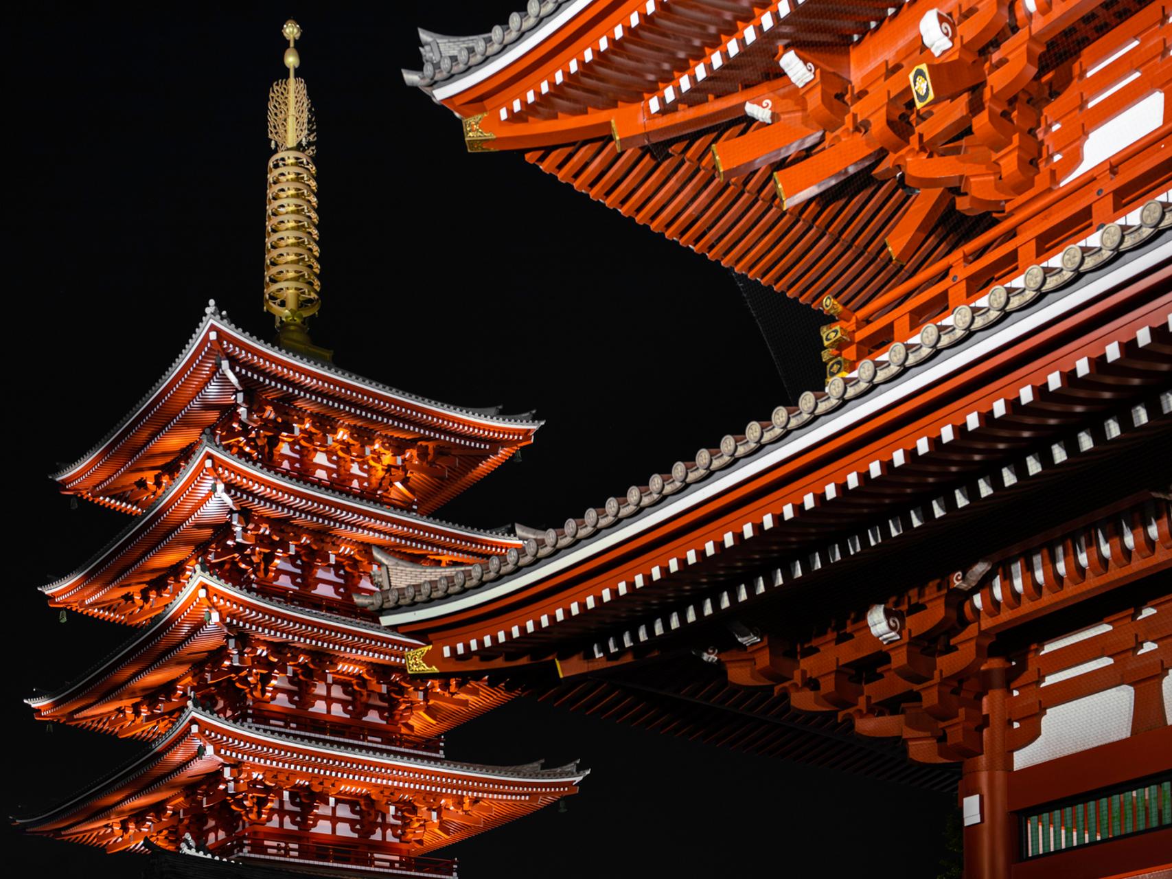 Illuminated traditional Japanese pagoda and temple roof captured in sharp detail at night, showcasing ZEISS optical precision.