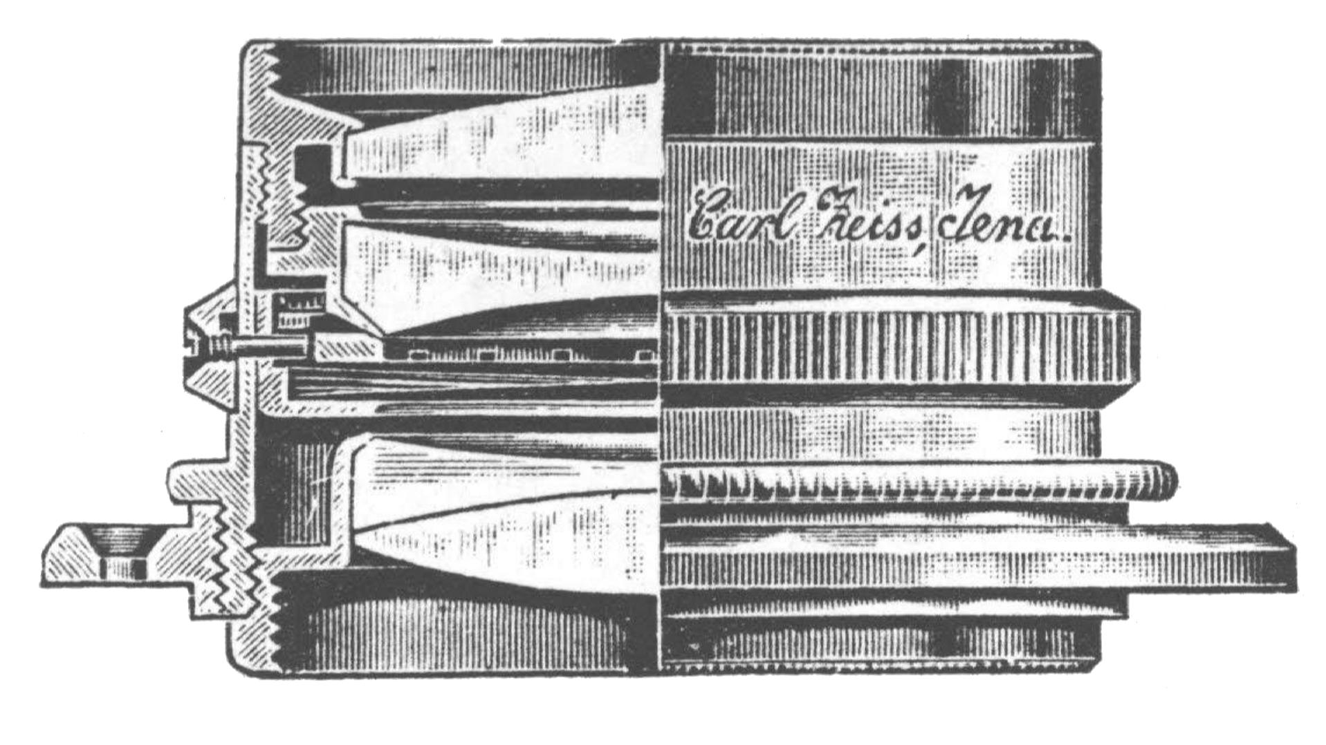 Technical illustration of a cross-sectioned ZEISS camera lens showing internal optical and mechanical components.