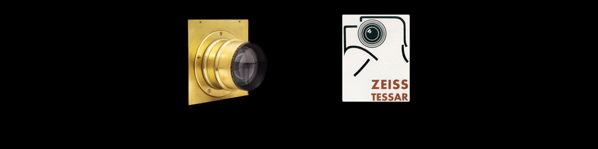 A vintage ZEISS camera lens with a gold finish is displayed next to a ZEISS TESSAR logo featuring a lens illustration.
