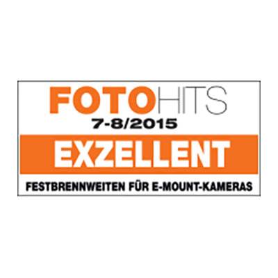 Award label from FOTOHITS magazine, issue 7-8/2015, rating ZEISS prime lenses for E-mount cameras as "EXZELLENT."