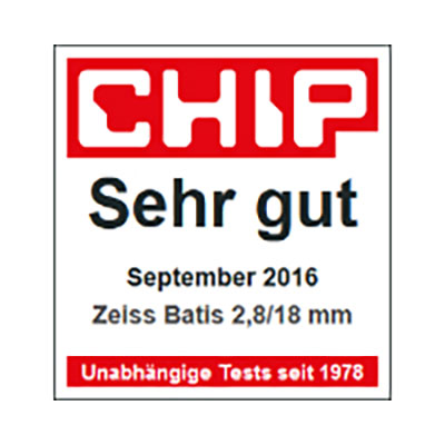 Award badge from CHIP rating the ZEISS Batis 2.8/18 mm lens as "Sehr gut" (very good) in September 2016.