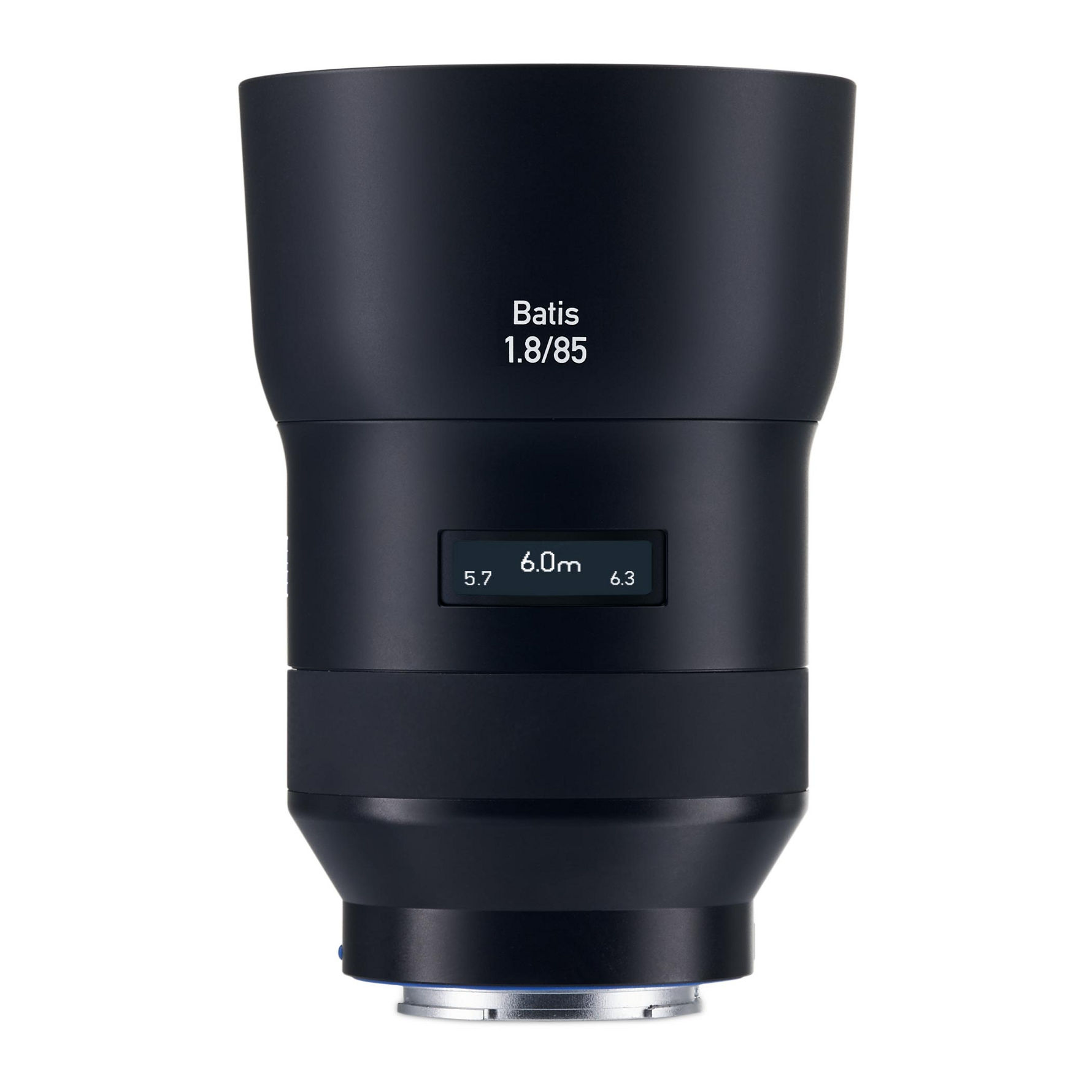 Black ZEISS Batis 1.8/85 camera lens with an integrated OLED display showing focus distance and depth of field.
