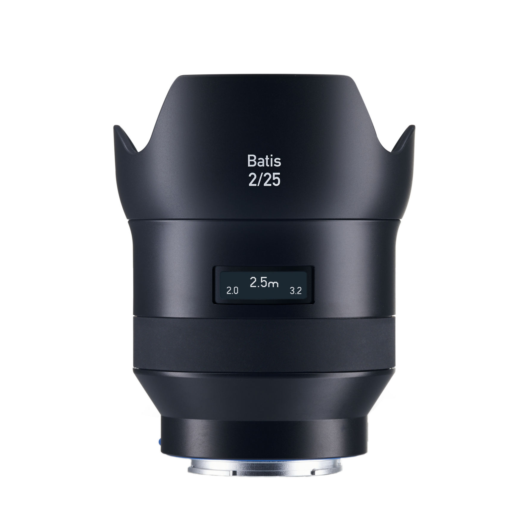 Front view of the ZEISS Batis 2/25 wide-angle camera lens with an integrated OLED display showing focus distance and depth of field.