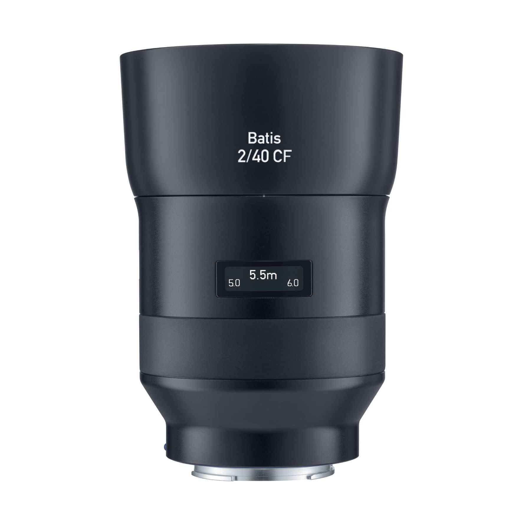 Front view of a ZEISS Batis 2/40 CF camera lens with an integrated OLED display showing a focus distance of 5.5 meters.