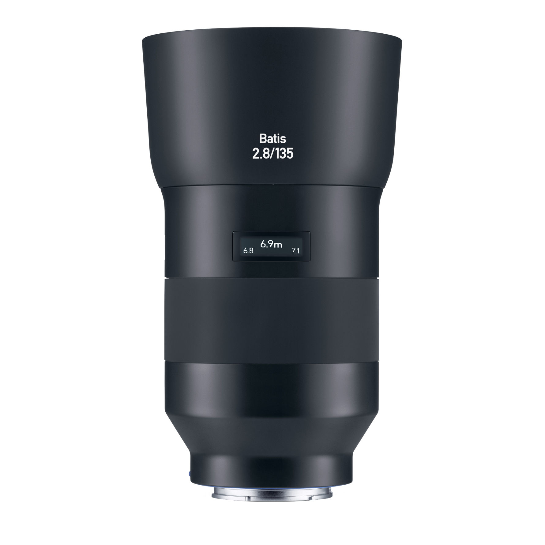 ZEISS Batis 2.8/135 camera lens in matte black finish with an integrated OLED display showing focus distance and depth of field.