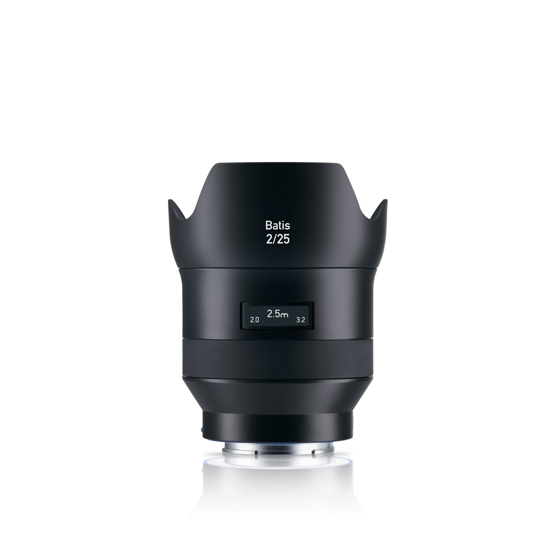 Front view of a ZEISS Batis 2/25 camera lens with a built-in OLED display and lens hood attached.