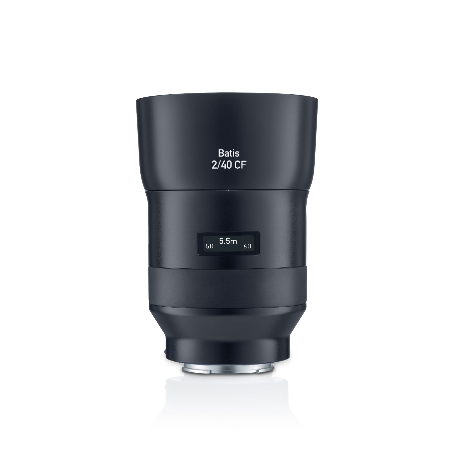 A ZEISS Batis 2/40 CF camera lens in matte black finish with an OLED display showing focus distance and aperture.