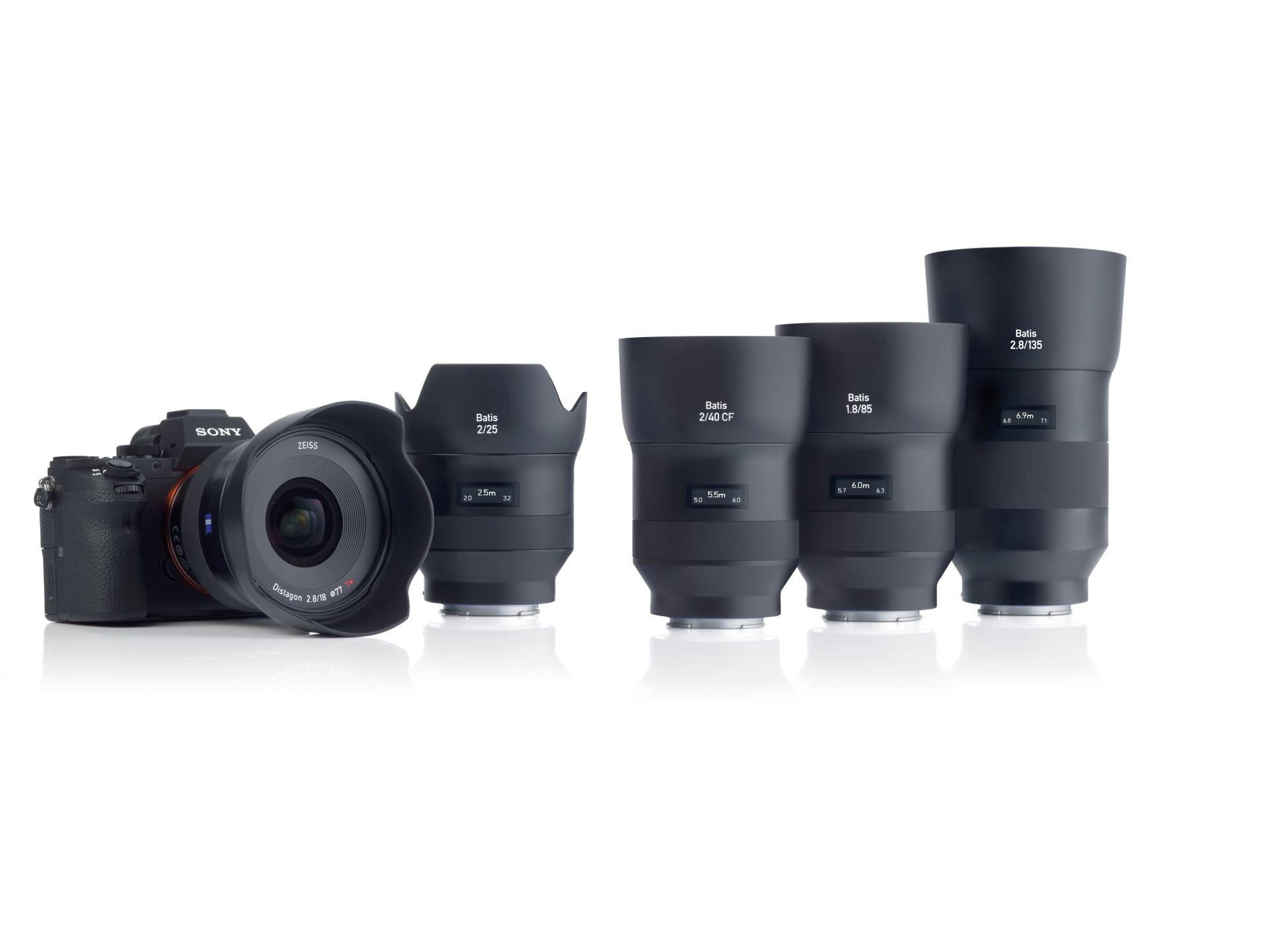 A SONY camera is displayed alongside five interchangeable ZEISS Batis lenses arranged in a row on a white background.