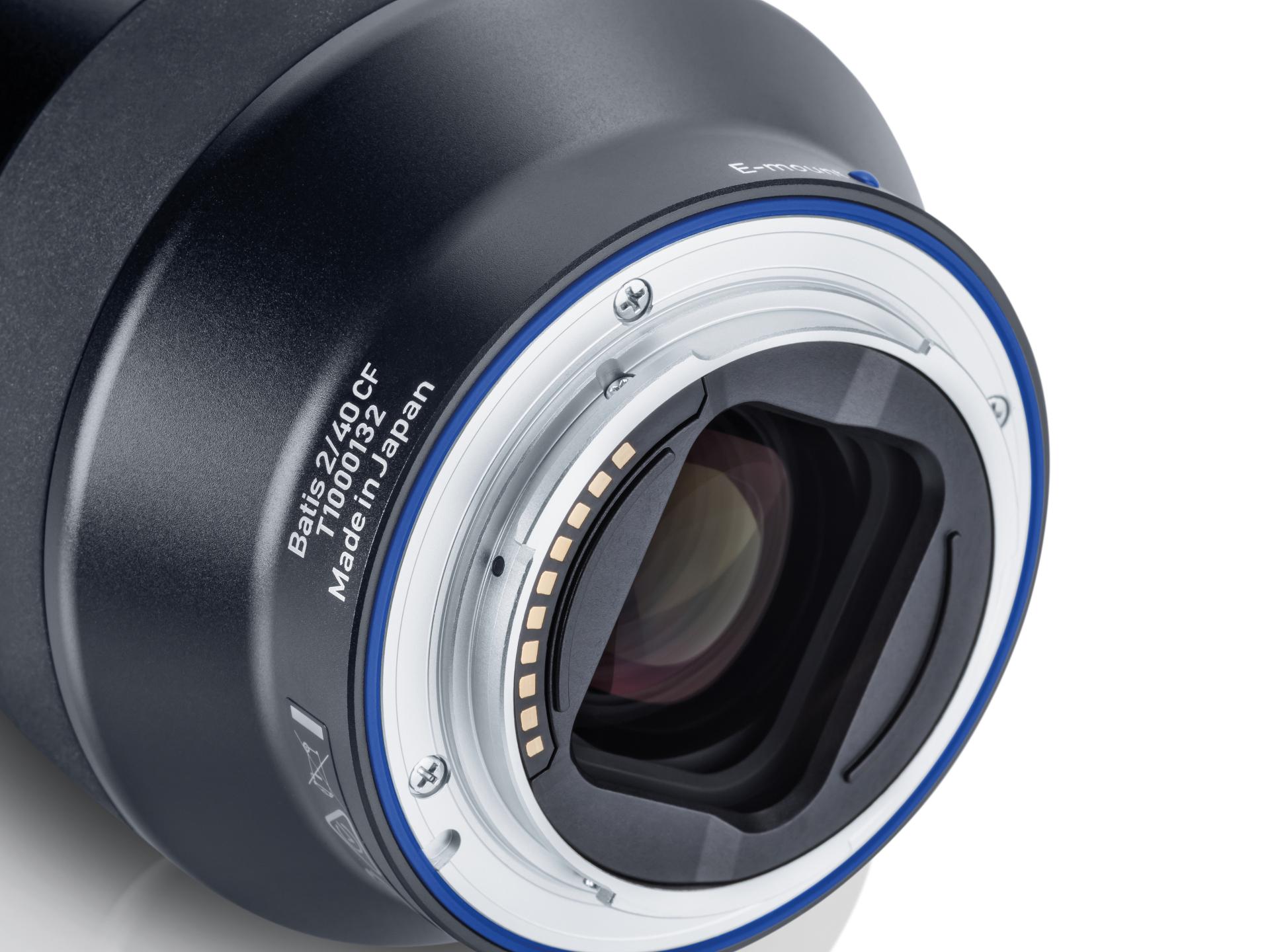 Close-up view of the rear mount and electronic contacts of a ZEISS Batis 2/40 CF camera lens.