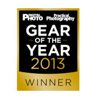 Award badge showing "DIGITAL PHOTO" and "Practical Photography" with the text "Gear of the Year 2013 Winner" on a black and gold background.