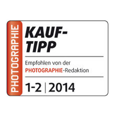 Award badge from the magazine PHOTOGRAPHIE showing a "Kauf-Tipp" recommendation for issues 1-2 of 2014.