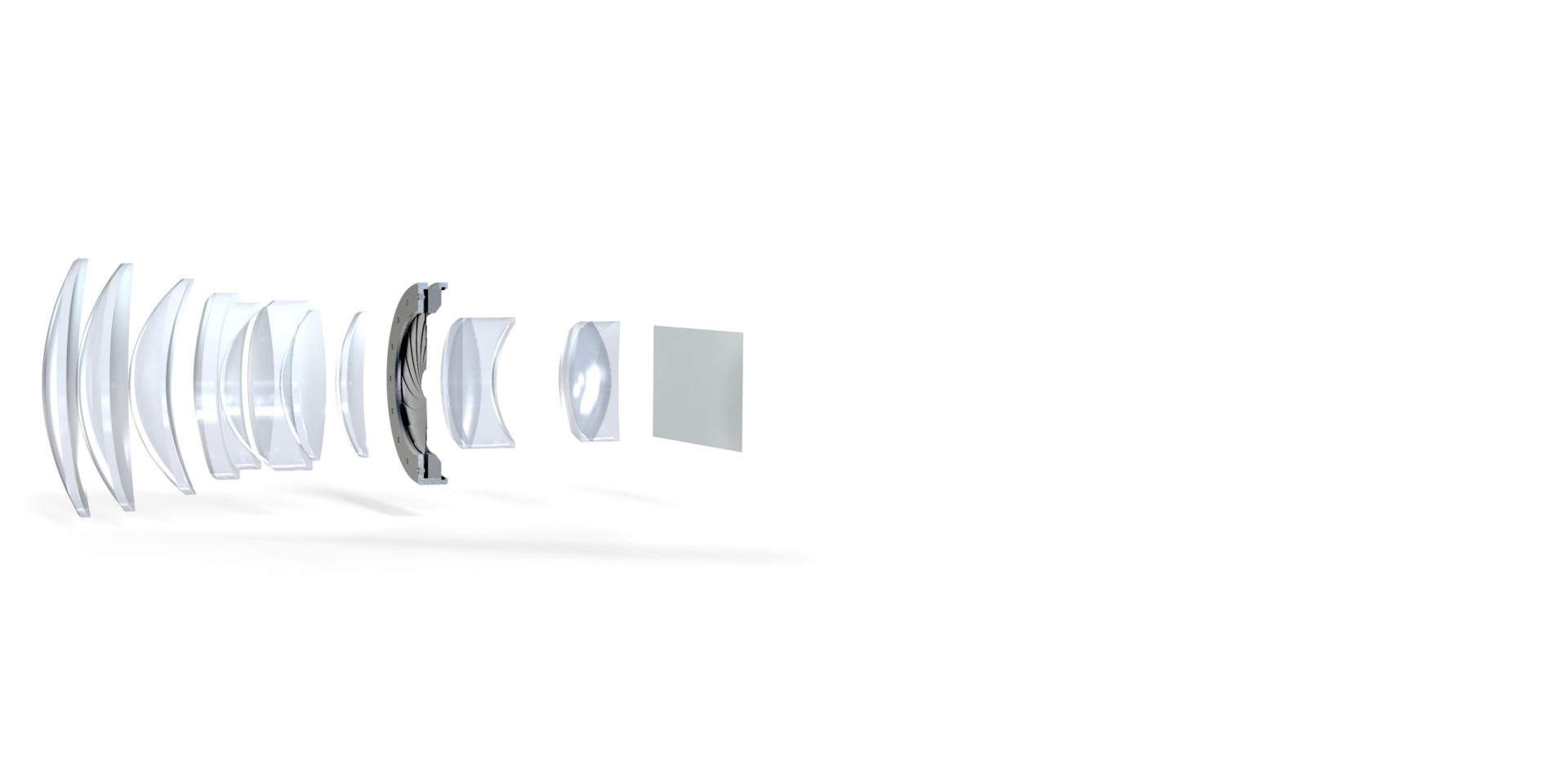 Exploded view of a ZEISS camera lens assembly showing individual optical lens elements aligned in sequence.