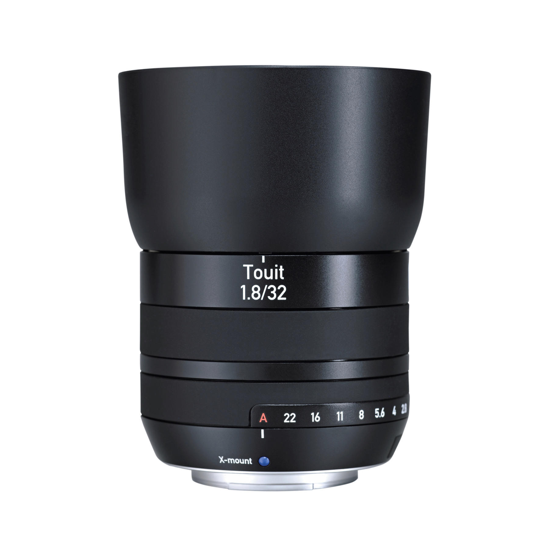 Black ZEISS Touit 1.8/32 camera lens with aperture and focus rings, shown front-facing on a white background.