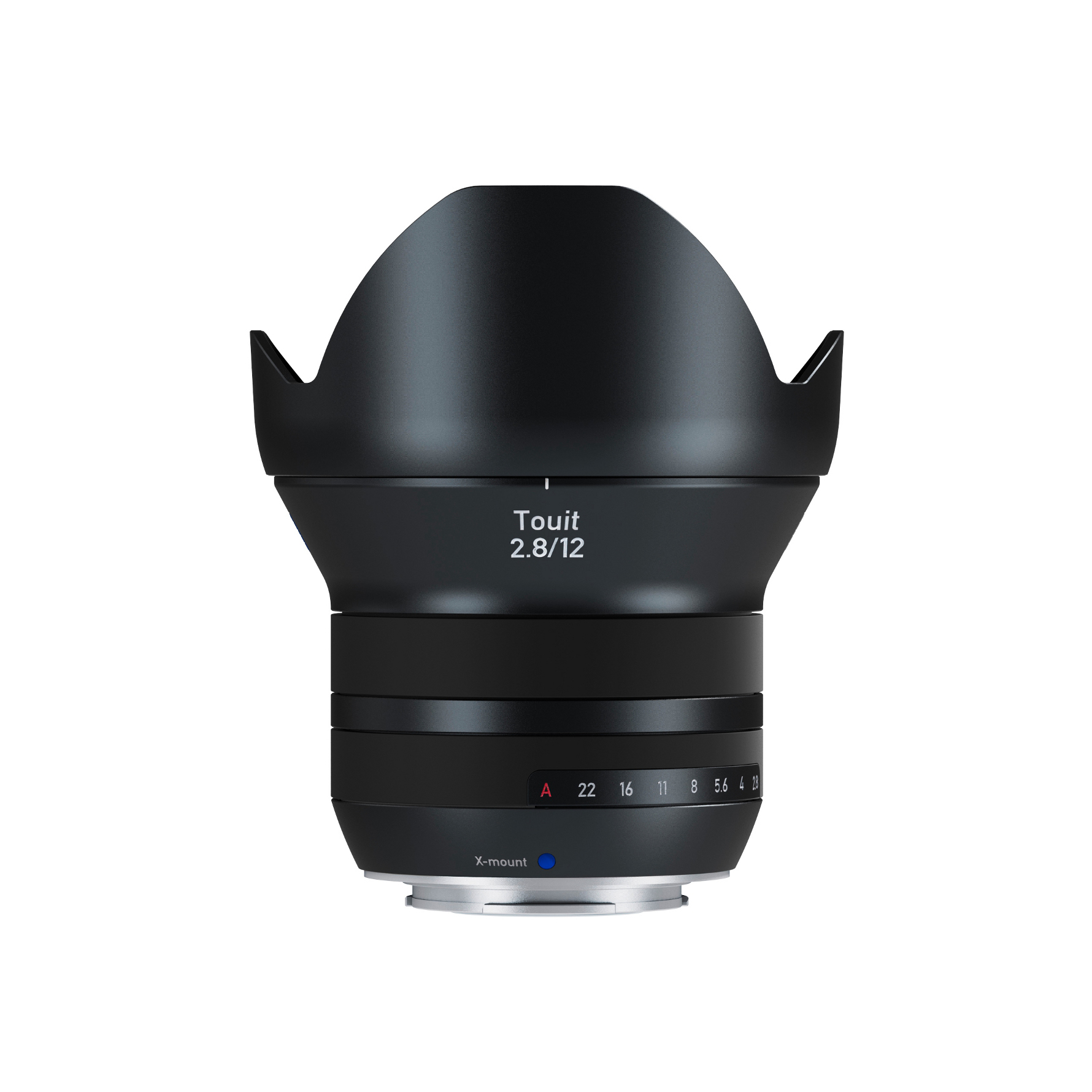 Wide-angle ZEISS Touit 2.8/12 camera lens with X-mount, featuring a large lens hood and manual aperture ring.