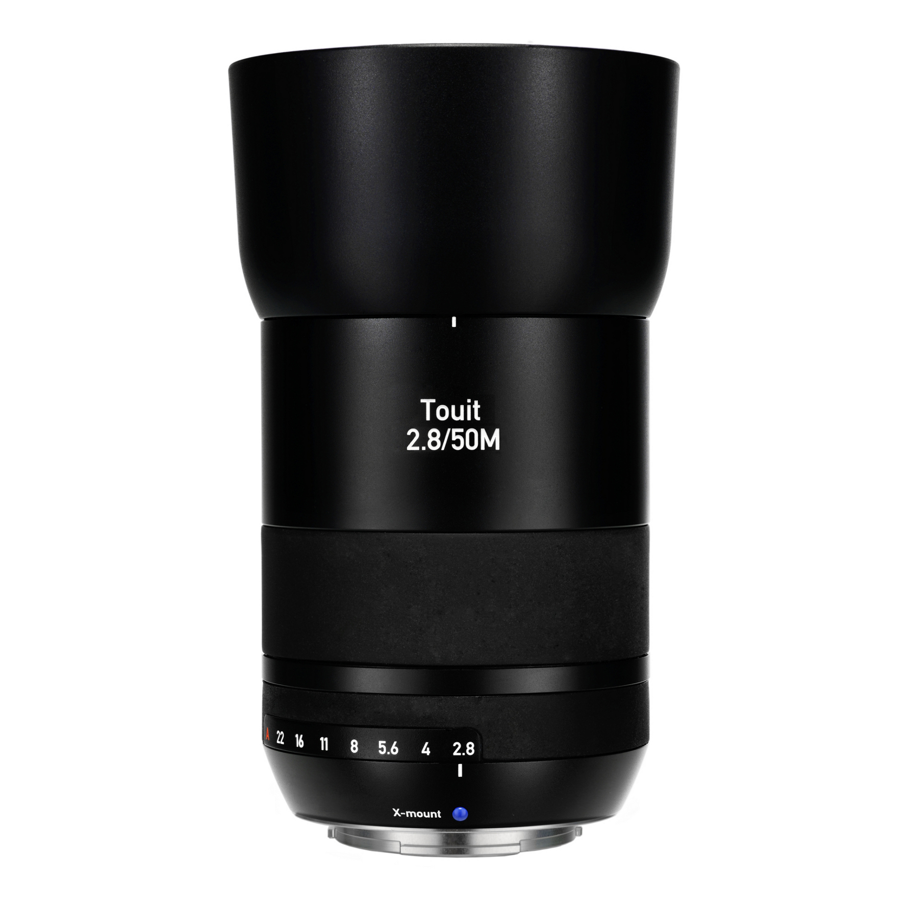 ZEISS Touit 2.8/50M camera lens with X-mount, shown in a black matte finish with labeled aperture and focus rings.
