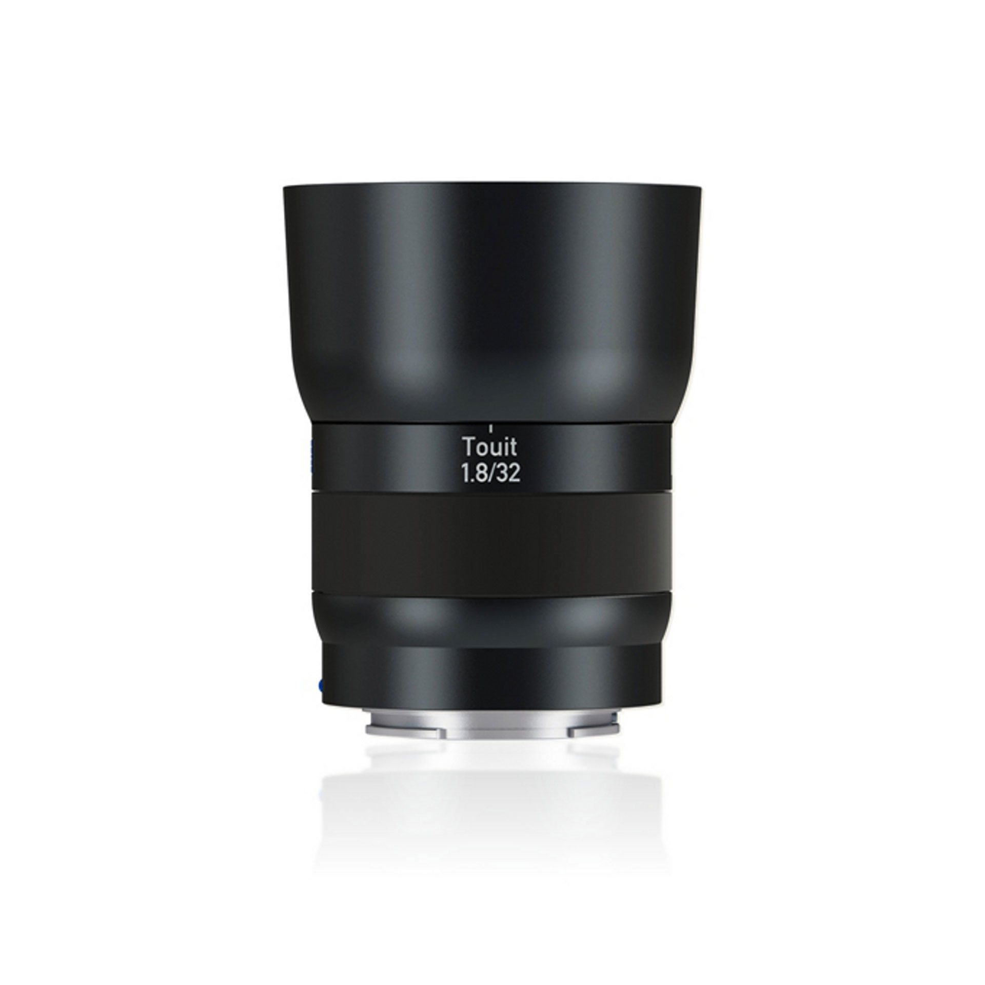 Black ZEISS Touit 1.8/32 camera lens with X-mount, shown standing upright on a white background.