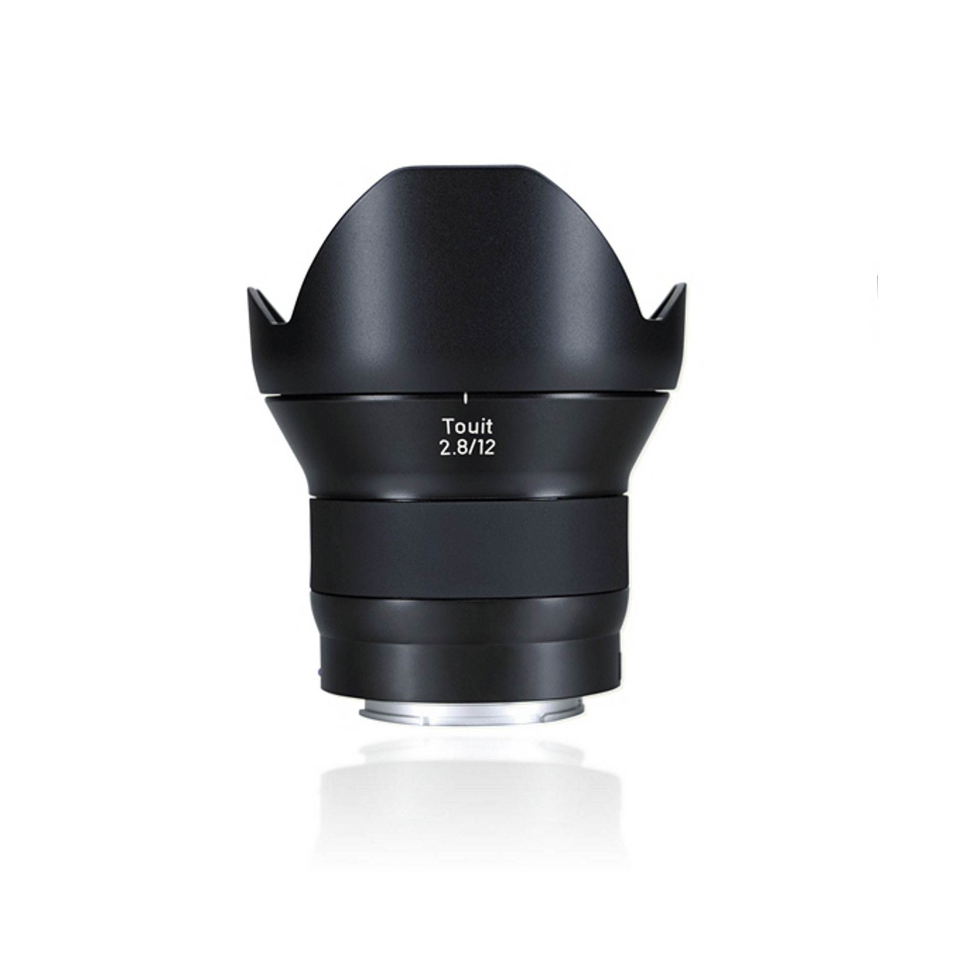 Wide-angle ZEISS Touit 2.8/12 camera lens with visible aperture and focus markings, shown against a white background.