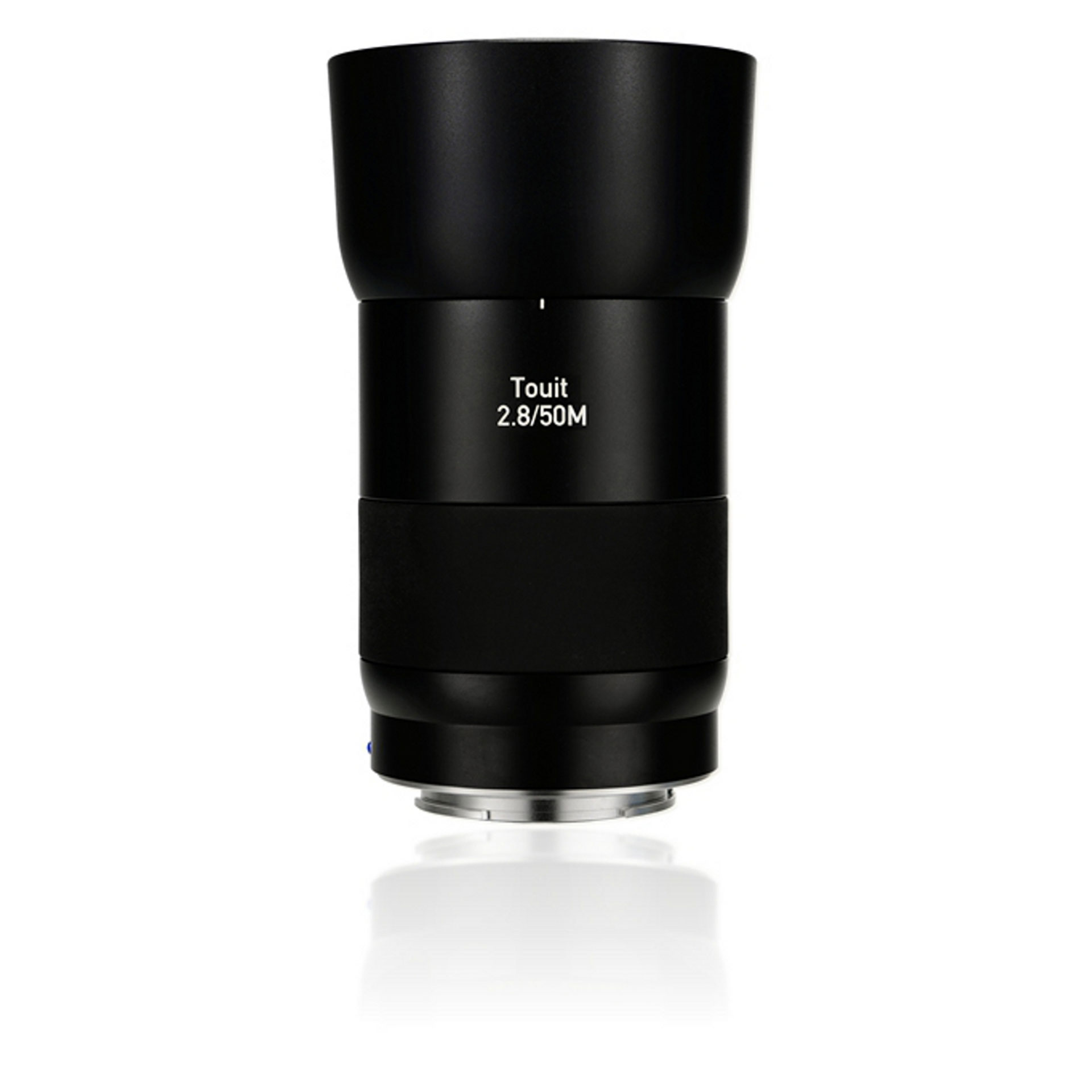 Black ZEISS Touit 2.8/50M camera lens displayed on a white background.