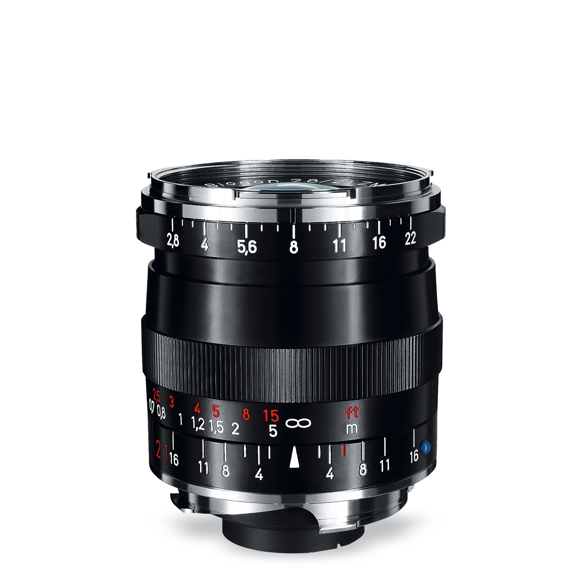 Black ZEISS camera lens with manual focus and aperture control rings, featuring distance and depth of field scales.