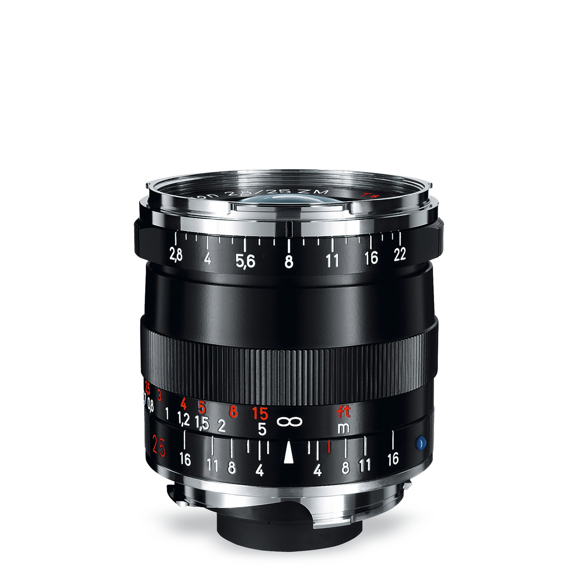 High-quality ZEISS camera lens with manual focus and aperture adjustment rings, featuring engraved distance and aperture scales in white and red markings.