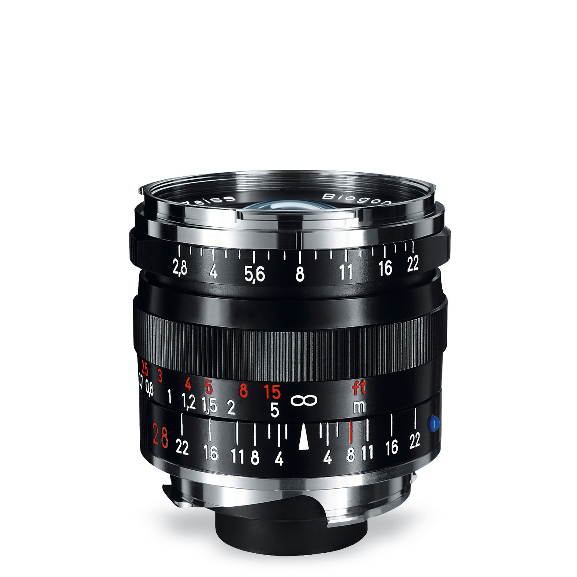 Close-up image of a ZEISS camera lens featuring aperture and focus distance markings in black, white, red, and blue accents.