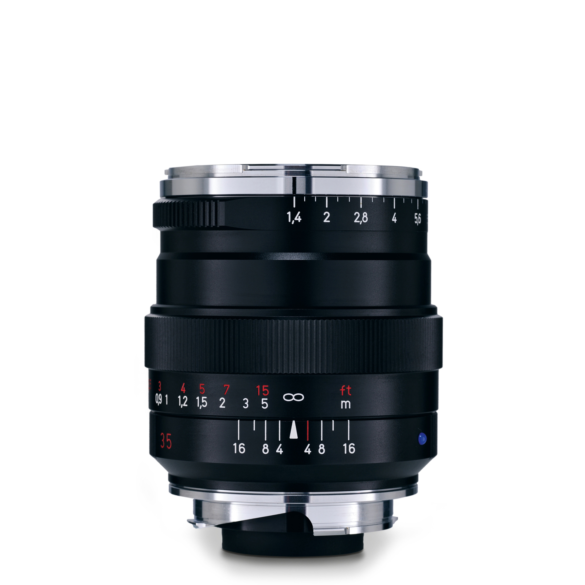 Close-up view of a ZEISS camera lens with aperture and distance markings on a white background.