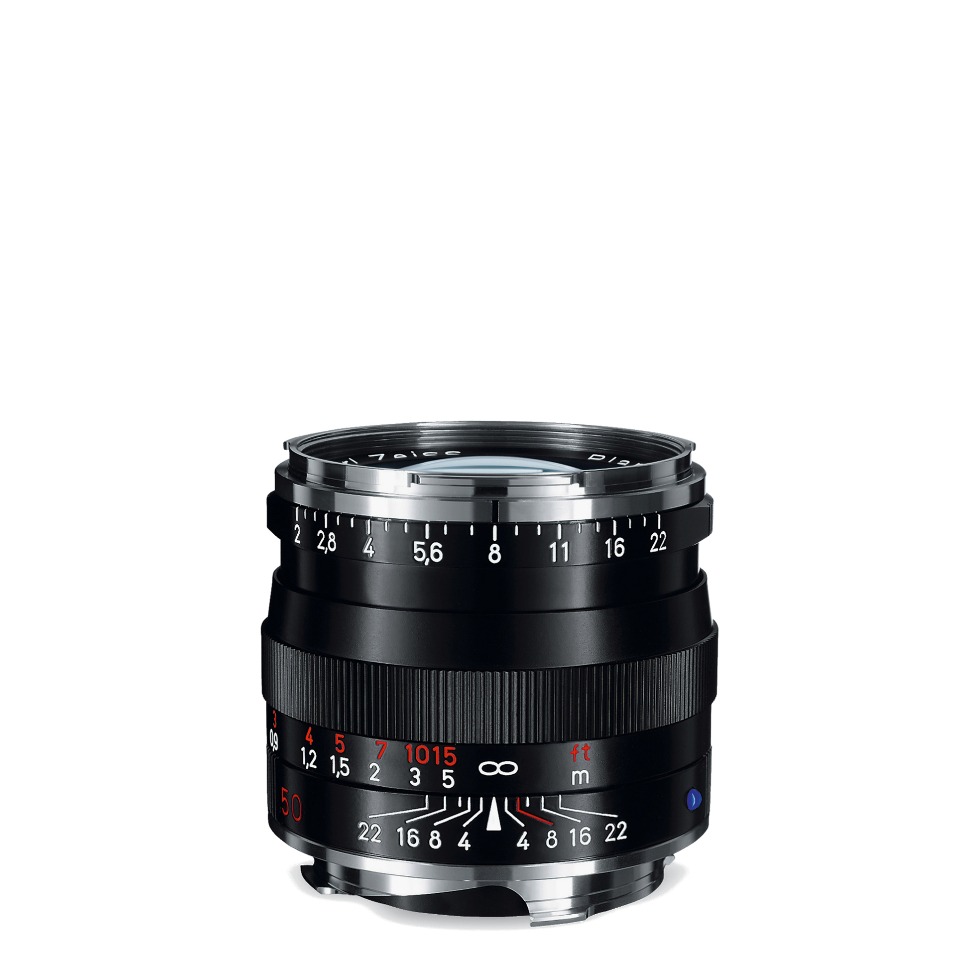 Black ZEISS camera lens with aperture and focus distance markings in white and red on a white background.