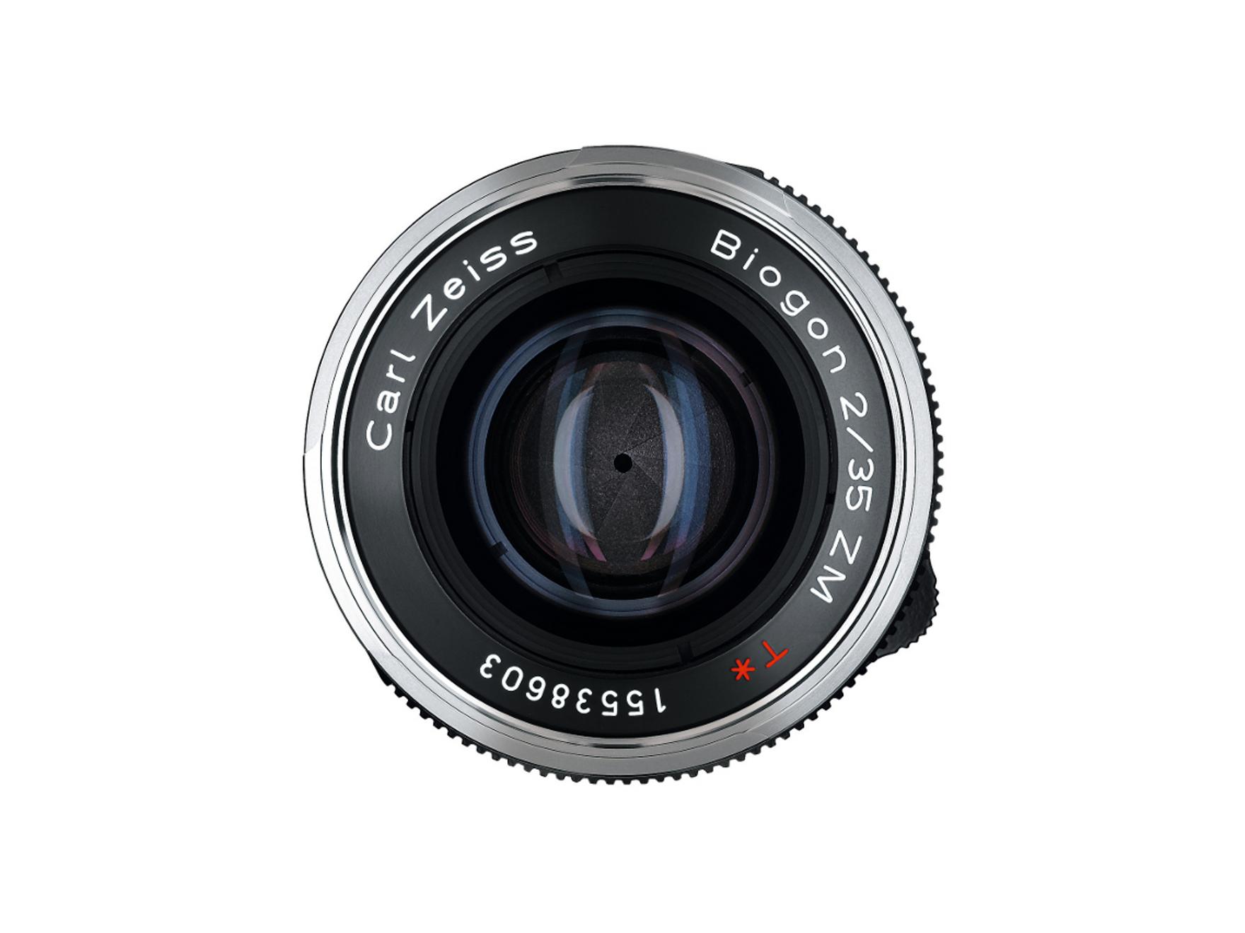 Front view of a ZEISS Biogon 2/35 ZM camera lens showing the glass elements and engraved labeling.