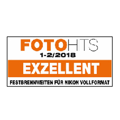 Award badge from FOTOHITS 1-2/2018 rating ZEISS lenses for Nikon full-frame as "EXZELLENT".