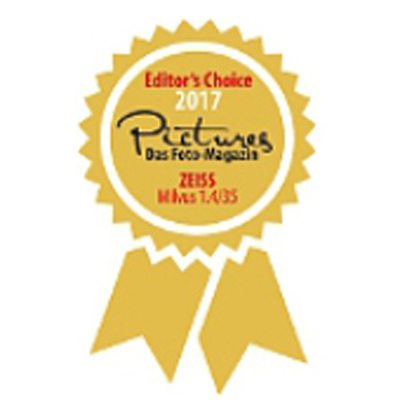 Gold award badge labeled "Editor's Choice 2017" from Pictures Das Foto-Magazin featuring ZEISS Milvus 1.4/35.