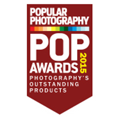 Red badge displaying the "Popular Photography POP Awards 2015" with the tagline "Photography's Outstanding Products".