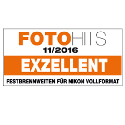 Award badge from FOTO HITS magazine, issue 11/2016, rating ZEISS prime lenses for Nikon full-frame as "EXZELLENT".