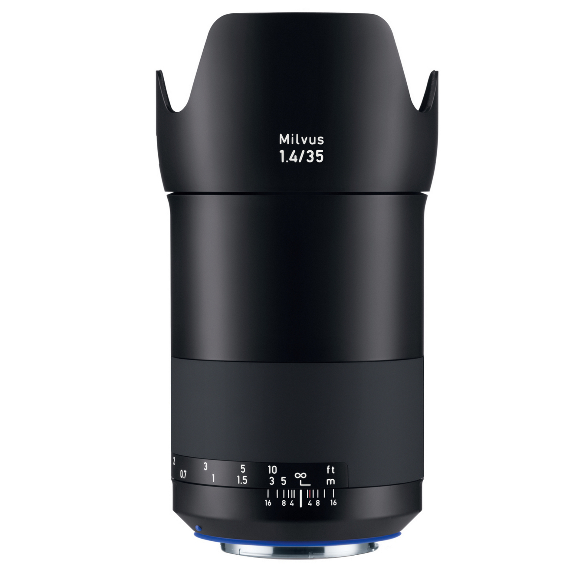 Black ZEISS Milvus 1.4/35 camera lens with focus markings and a built-in lens hood.