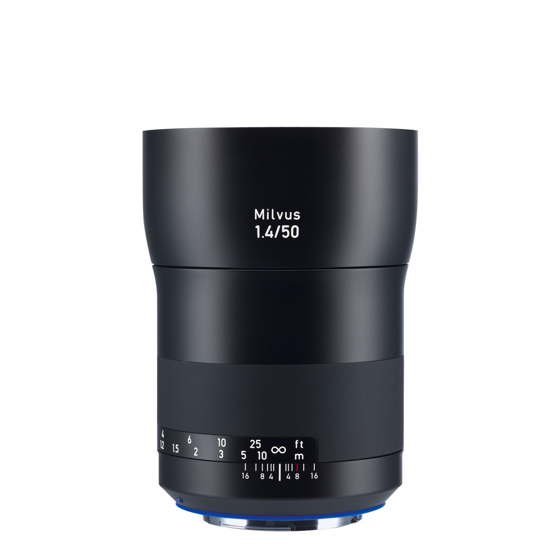 Black ZEISS Milvus 1.4/50 camera lens with distance and aperture markings on a white background.