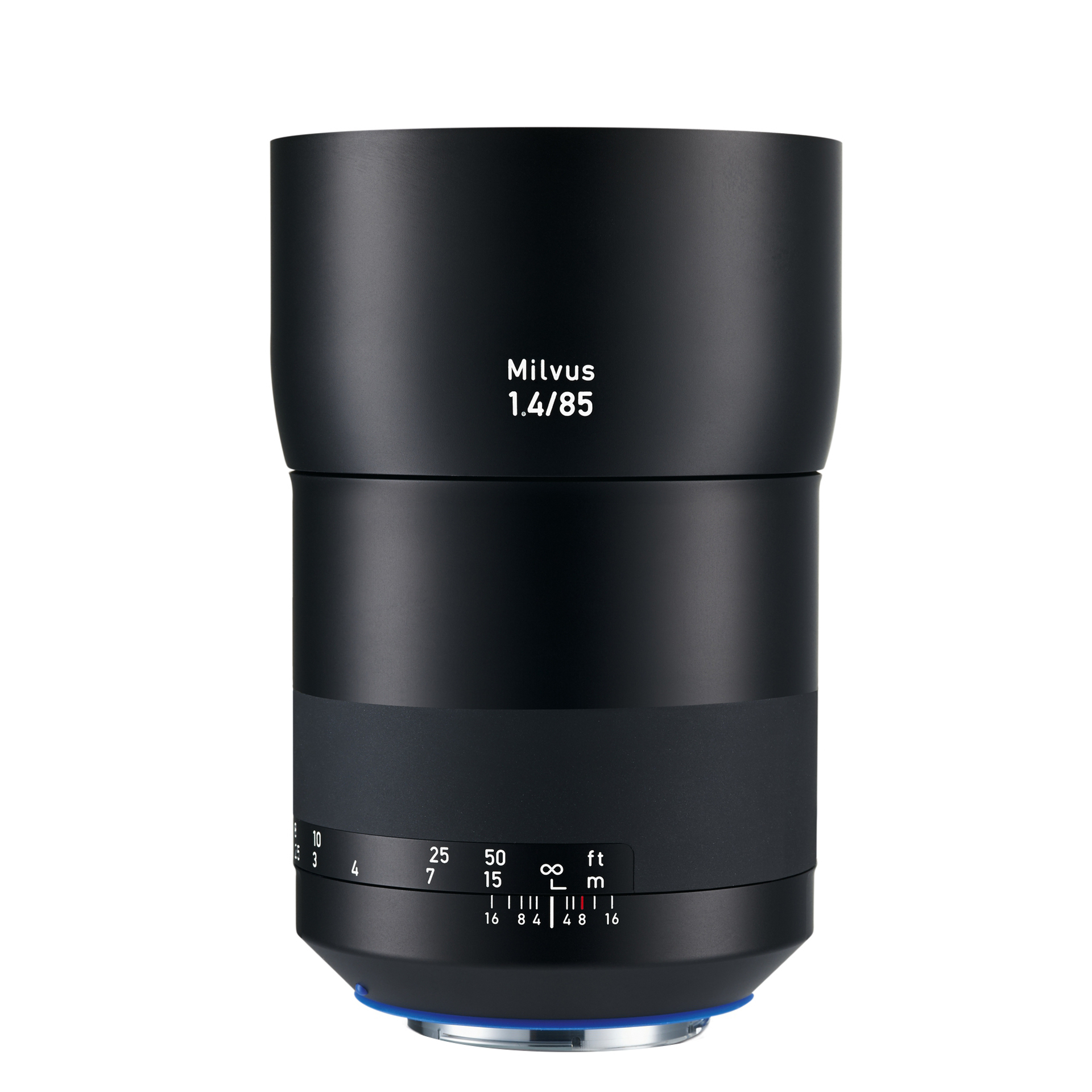 Black ZEISS Milvus 1.4/85 camera lens with focus and aperture markings, displayed against a white background.