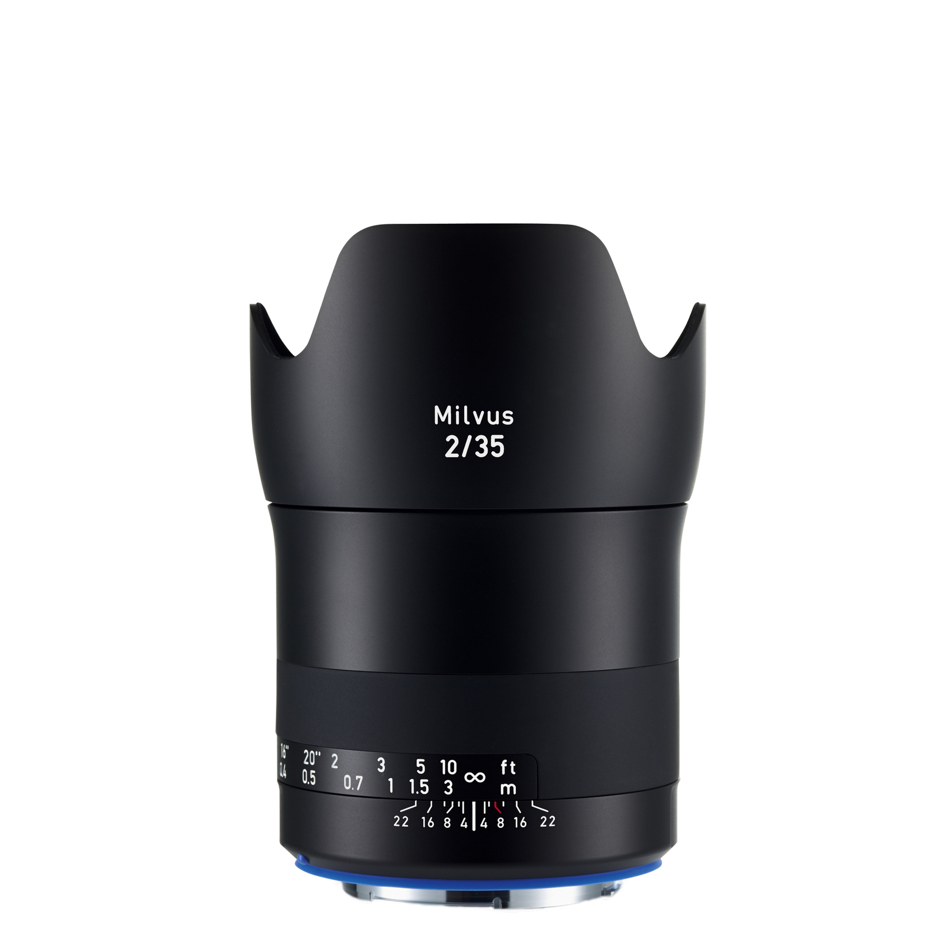 Black ZEISS Milvus 2/35 camera lens with focus and aperture markings, shown with lens hood against a white background.