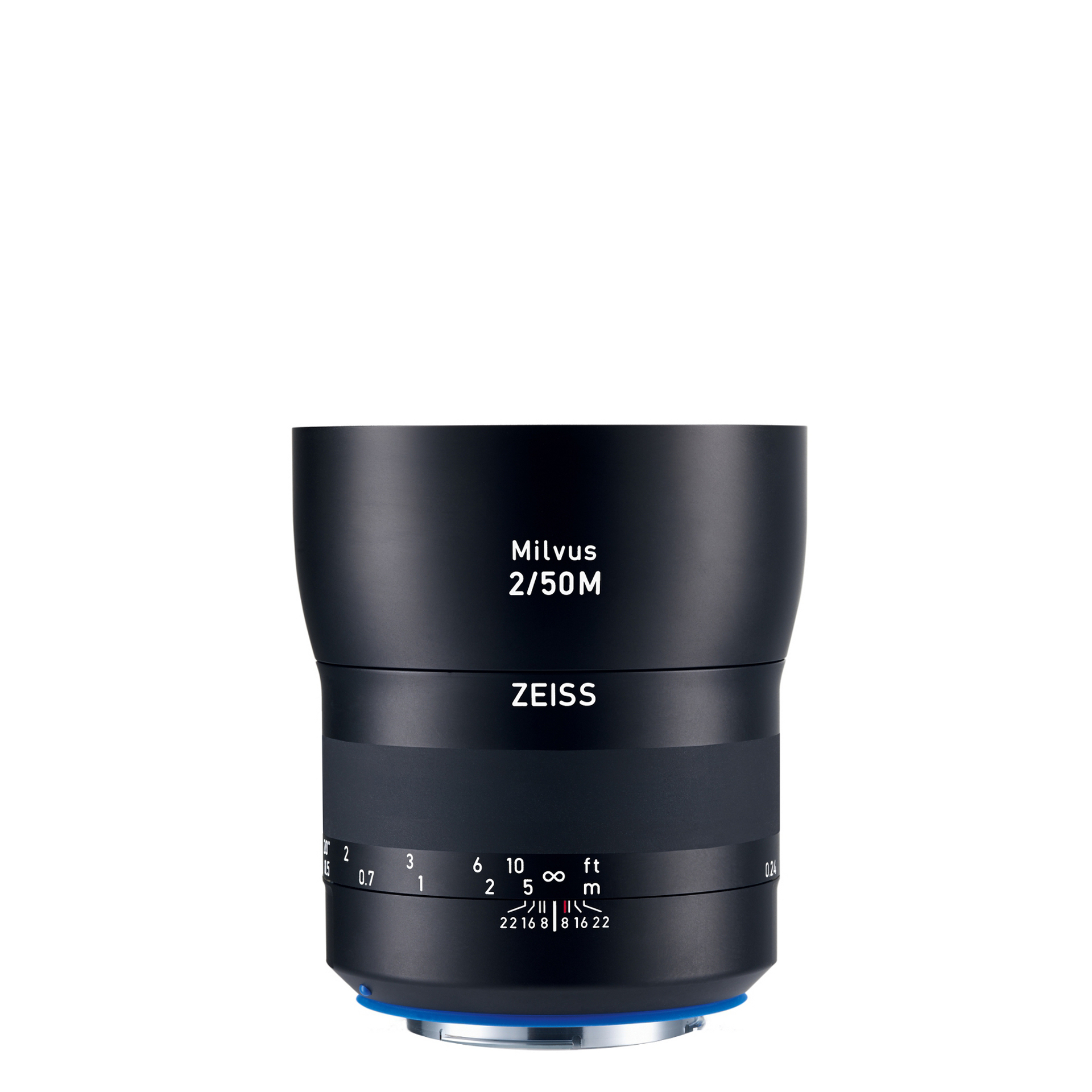 Black ZEISS Milvus 2/50M camera lens with manual focus and aperture markings displayed on a white background.