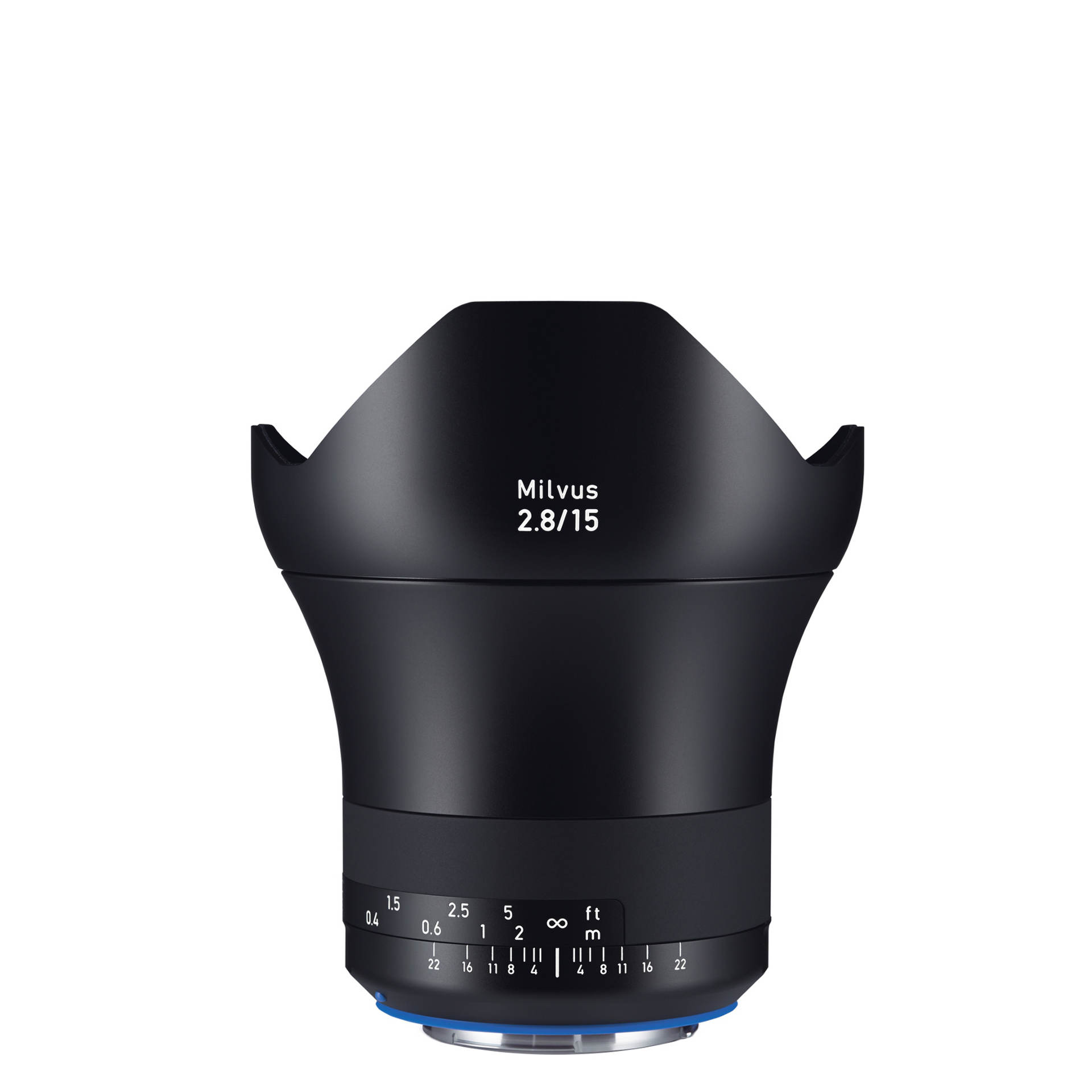 Black ZEISS Milvus 2.8/15 wide-angle camera lens with focus and aperture markings on a white background.