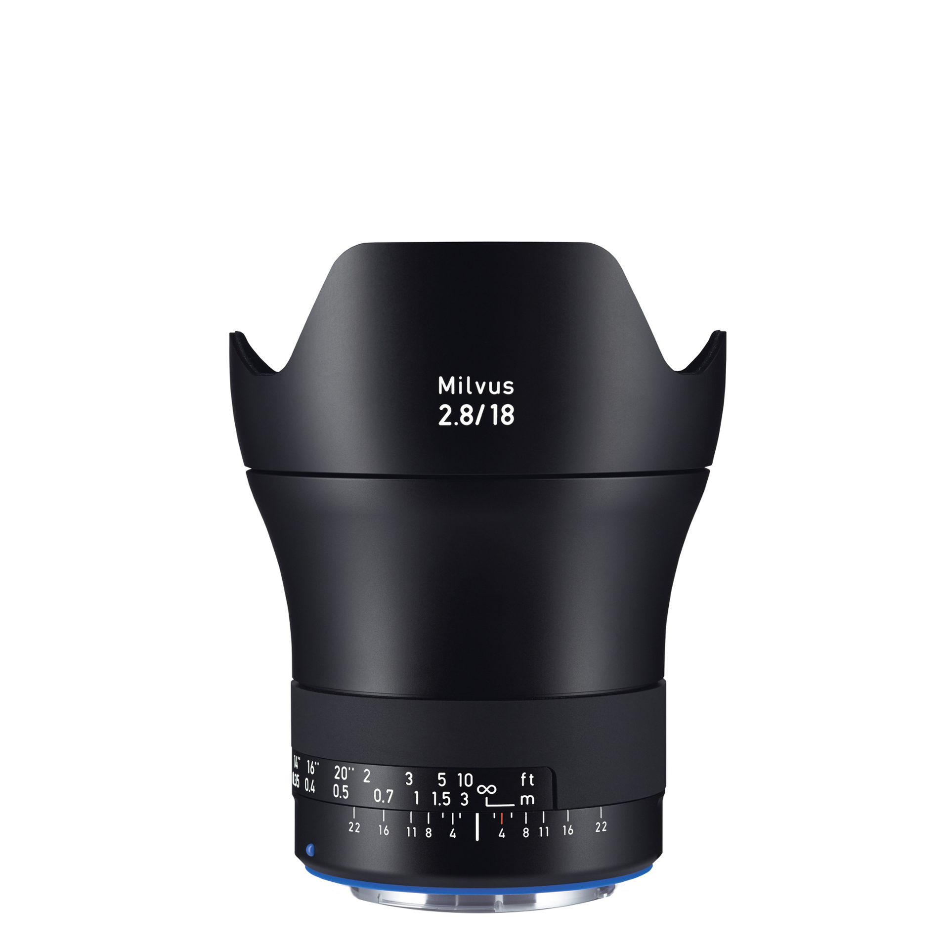 Black ZEISS Milvus 2.8/18 wide-angle camera lens with focus and distance markings, shown against a white background.