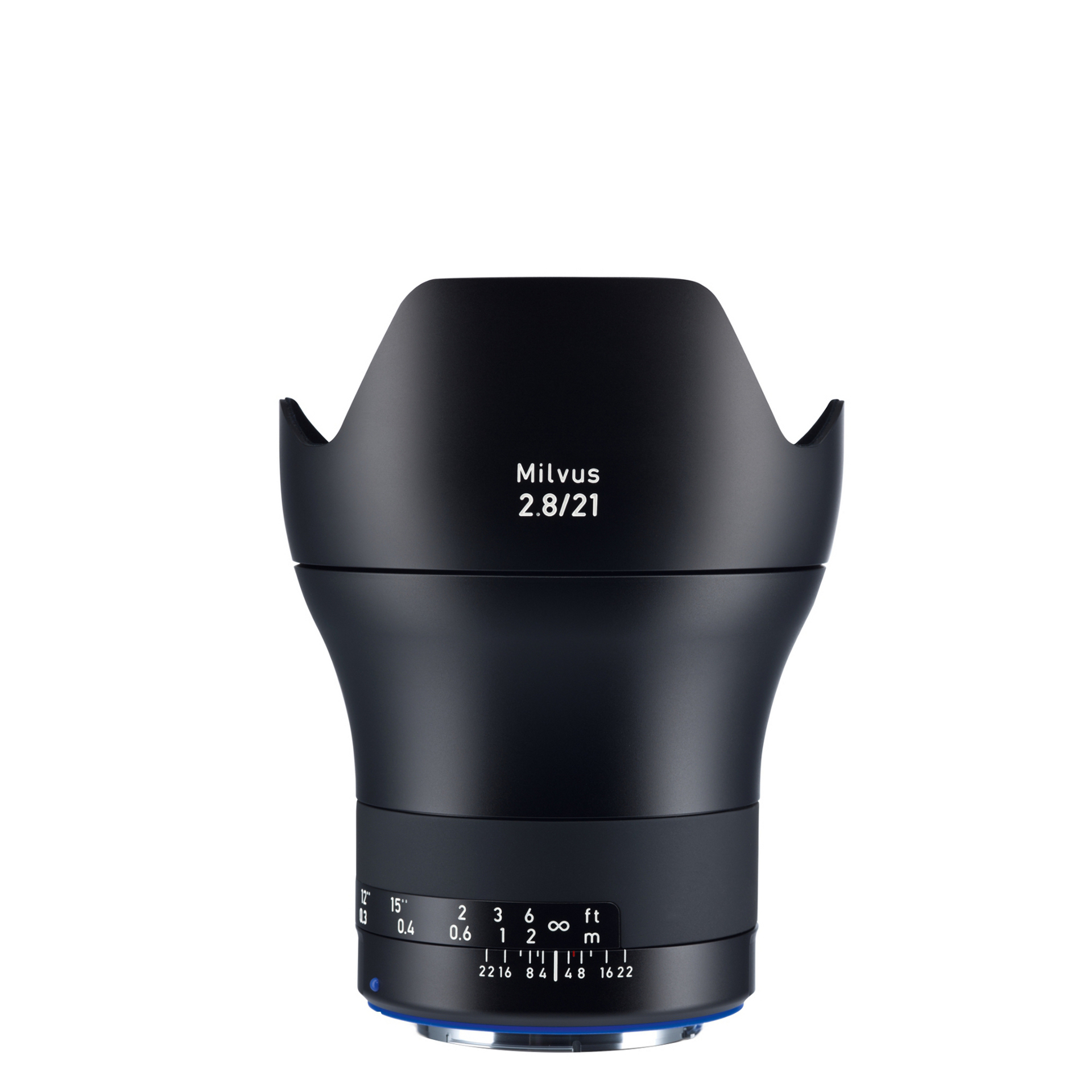 ZEISS Milvus 2.8/21 wide-angle camera lens with focus and aperture markings on a white background.