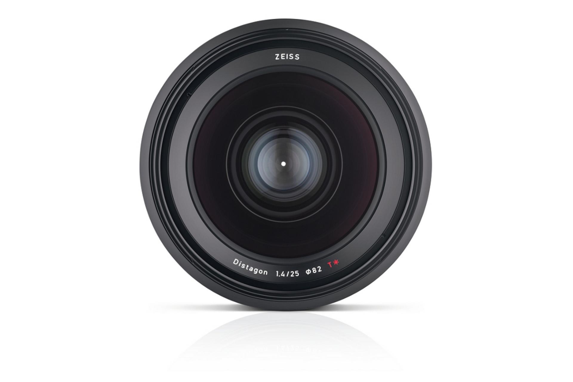 Front view of a ZEISS Distagon 1.4/25 camera lens with visible branding and lens specifications.