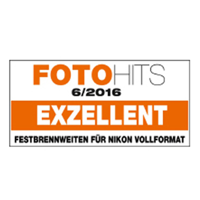 Award badge from FOTOHITS 6/2016 rating ZEISS prime lenses for Nikon full-frame as "EXZELLENT".