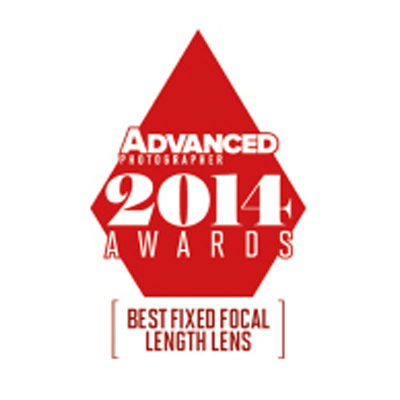 Red and white "Advanced Photographer 2014 Awards" badge for Best Fixed Focal Length Lens.