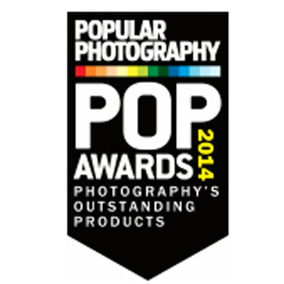 Award badge displaying "Popular Photography POP Awards 2014 – Photography's Outstanding Products" with a colorful stripe above the text.