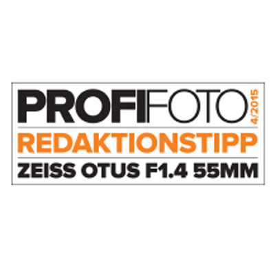 Award badge from ProfiFoto magazine featuring the text "REDAKTIONSTIPP ZEISS OTUS F1.4 55MM" and issue number 4/2015.