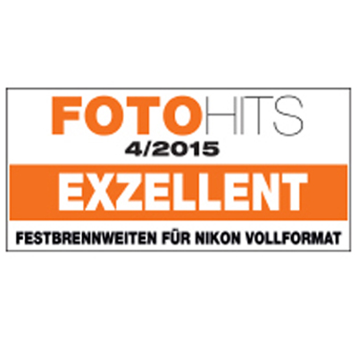 Award label from FOTOHITS 4/2015 rating ZEISS prime lenses for Nikon full-frame as "EXZELLENT".