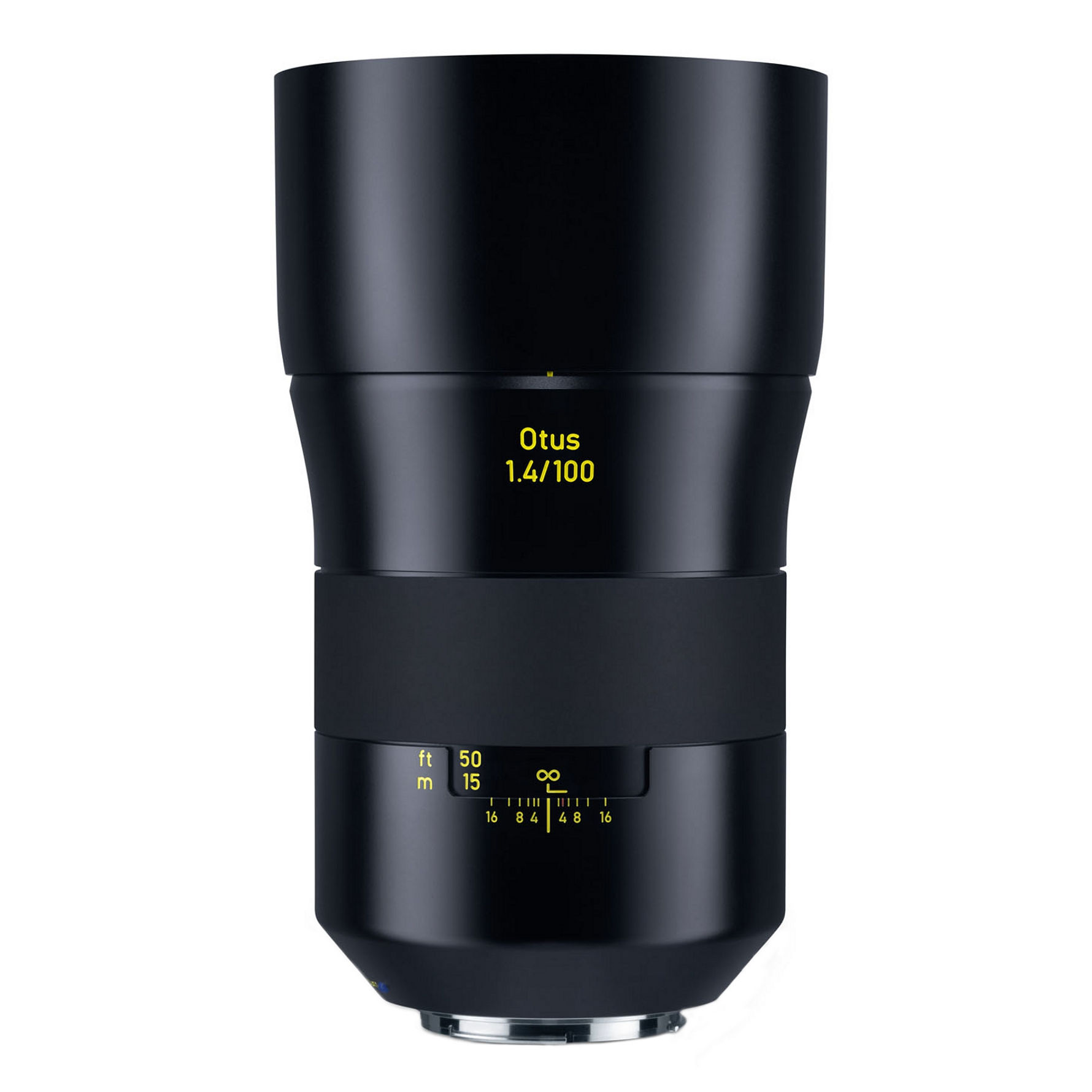 A ZEISS Otus 1.4/100 camera lens with a sleek black finish and yellow distance markings is shown upright on a white background.