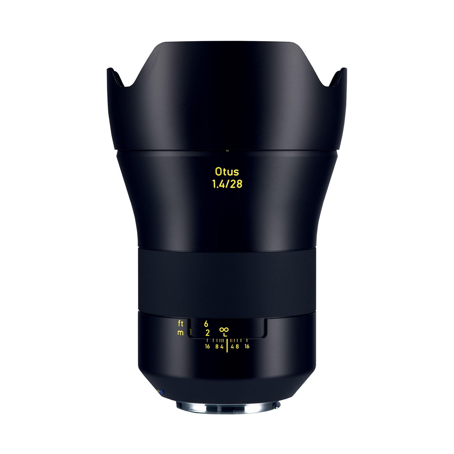 Black ZEISS Otus 1.4/28 camera lens with yellow markings and a petal-shaped lens hood, shown against a white background.