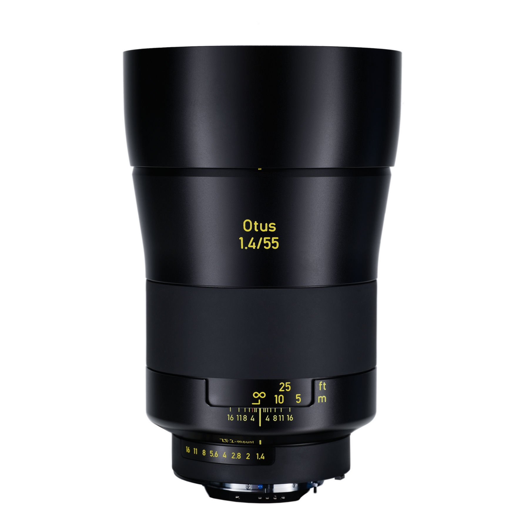 Black ZEISS Otus 1.4/55 camera lens with yellow focal length and distance markings, shown against a white background.